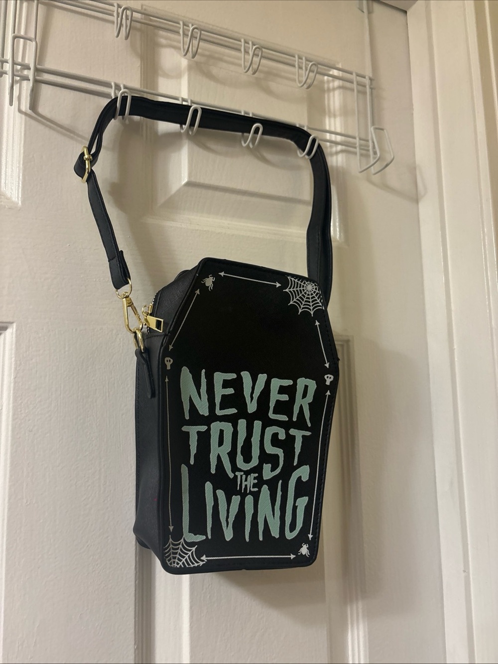 Coffin Crossbody Bag - "Never Trust The Living" Beetlejuice Goth Halloween Cross